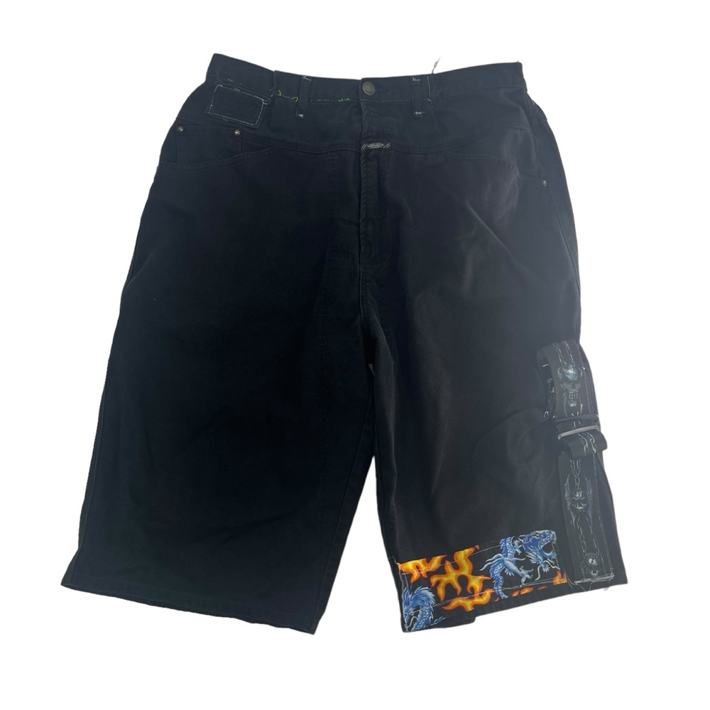 Marithe Francois Girbaud Jean Shorts‎ Mens 44 Black Y2K Baggy Jnco Tribal Dragon